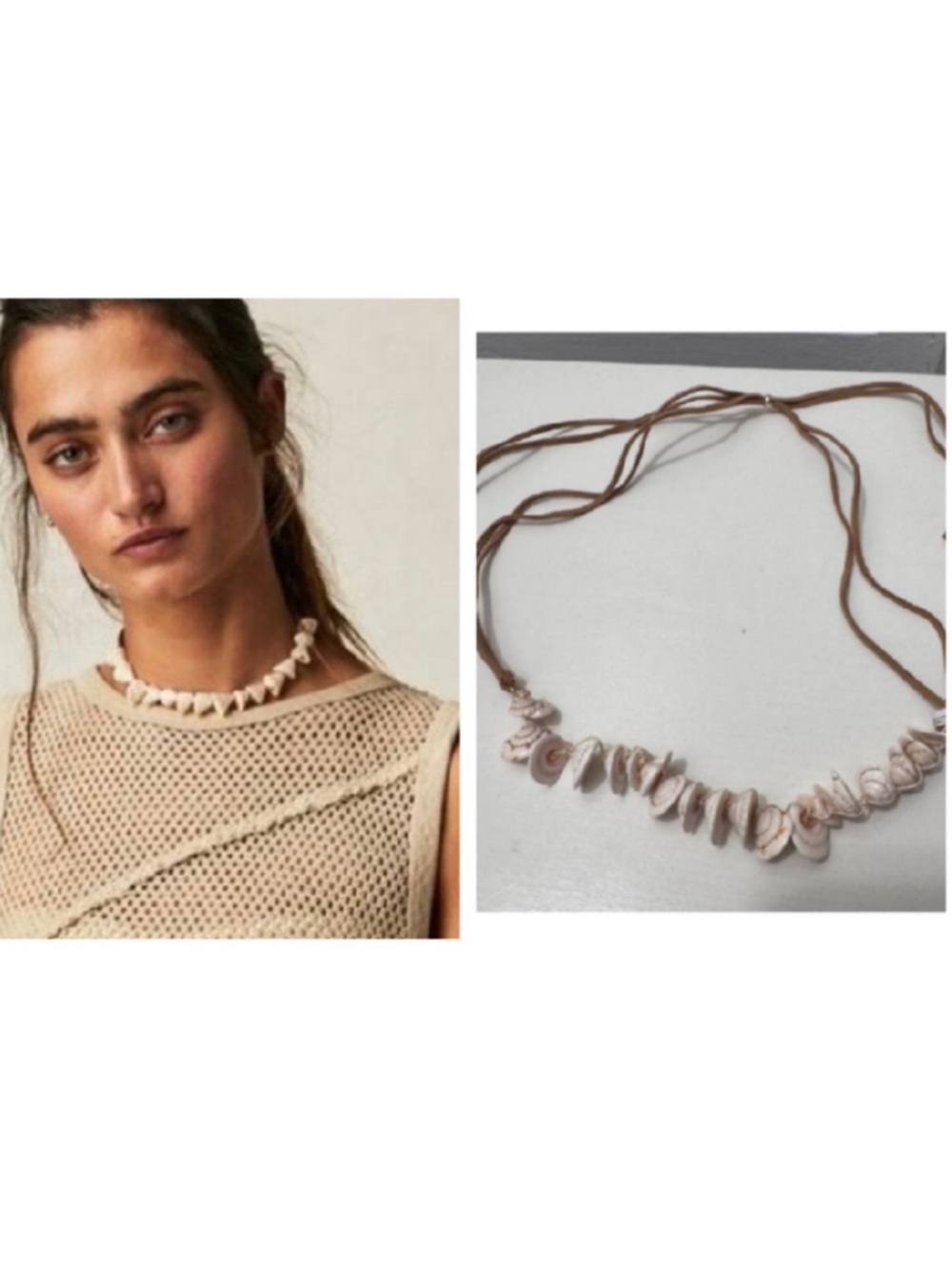 Free People Cream Shell Adjustable Choker Necklace with Brown Cord NWOT